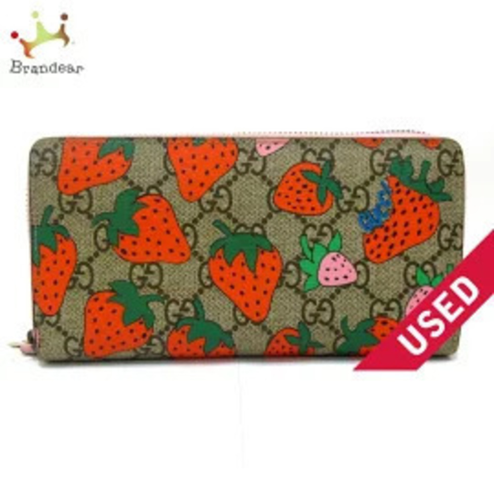 Gucci Strawberry GG Wallet Supreme Long Zipper Beige Cream x Red Multi